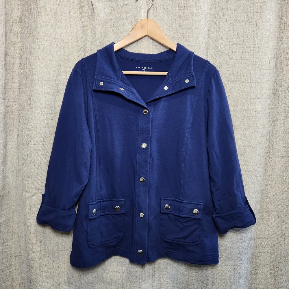 Karen Scott Sport Jacket Women's L Blue 3/4 Roll Tabs Sleeve Snap Buttons‎